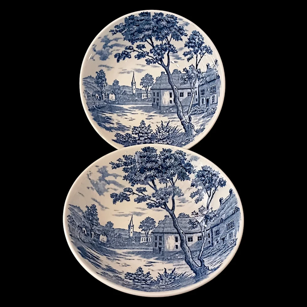 2 Holmar English Village Bowls Set Soup Cereal Berry Blue White Vintage Japan